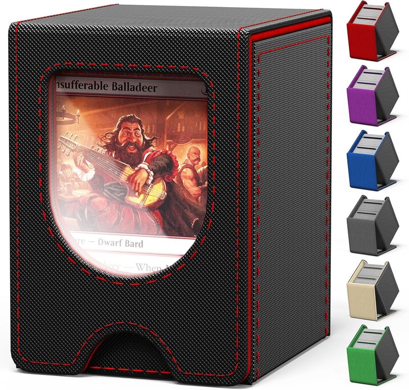 banloga Card Deck Box for MTG Commander, Card Case Holds 100+ Double-Sleeved Cards, Magic Card Box Fits for TCG/PTCG/CCG Card with 2 Dividers (Black&Red) - Image 1
